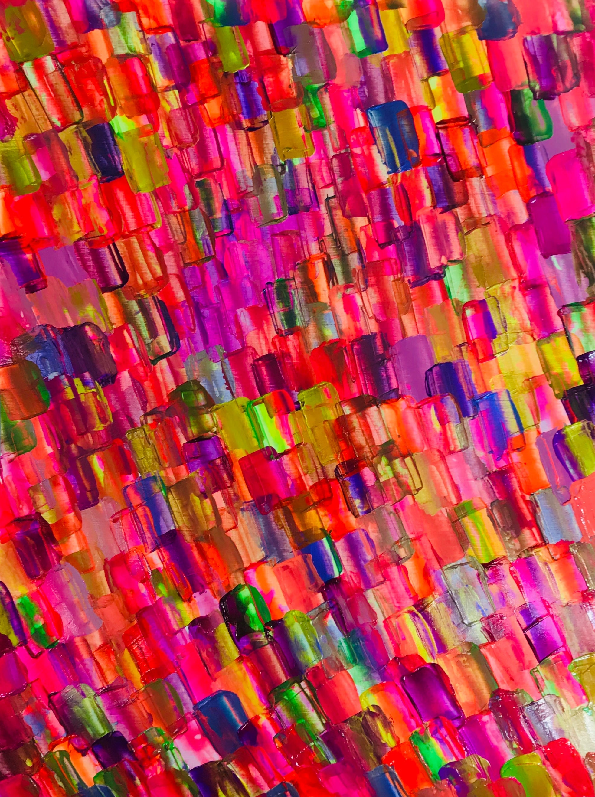 Metallic and fluorescent acrylics painting with pebbles overlapping, under standard light